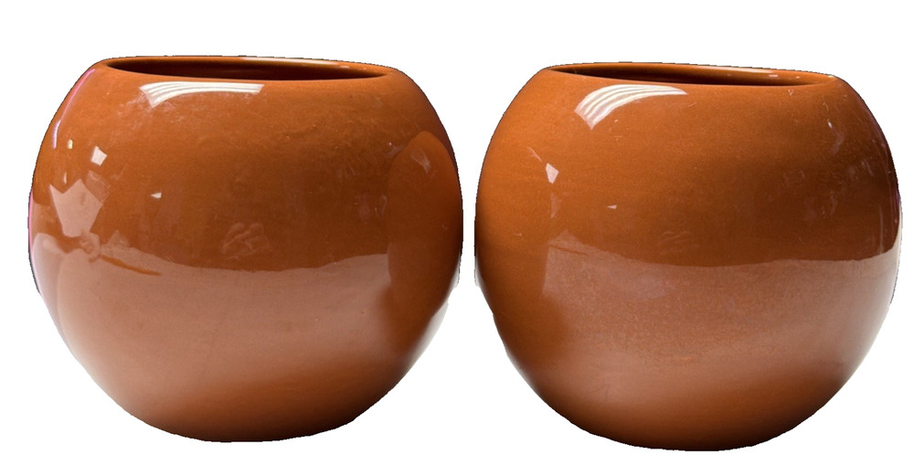 MCM Lot of 2 Haeger Pottery Orb Spherical Ball Planter Vase As Is Brown Read